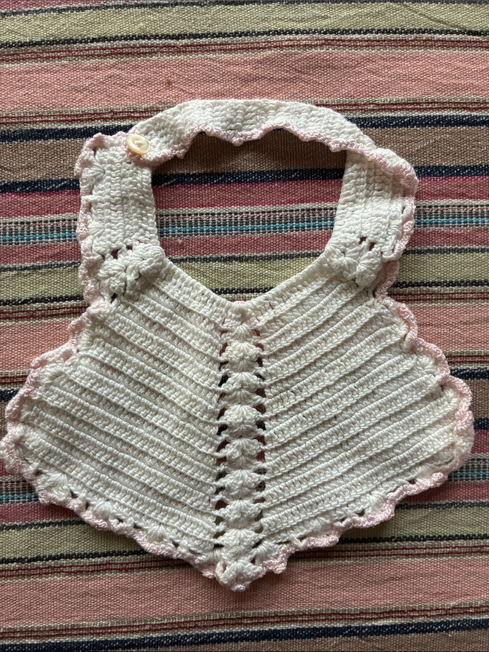 Antique Vintage Handmade White Crochet Baby bib with Pink Trim
